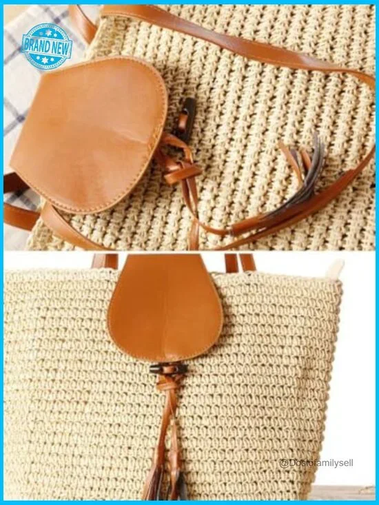 Woven Straw Tote Bag Large Beach Shoulder Purse Boho Minimal Chic Summer - Picture 6 of 7